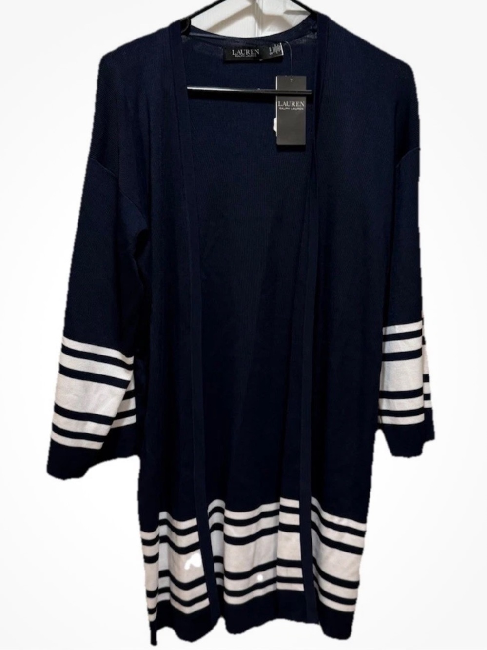 Lauren Ralph Lauren Open Cardigan Long SM Navy White Stripe Solid NWT MSRP $225 - Picture 3 of 15
